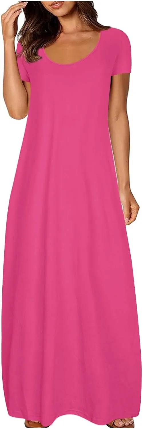 Maxi Dresses for Women 2025 Casual Short Sleeve Round Neck Summer Dresses Plus Size Loose Fit Long Beach Sundress