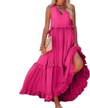 Maxi Dresses for Women 2025 Summer Ruffle V Neck Sundress Tiered Tea Party Dress Sleeveless Long Flowy Dress