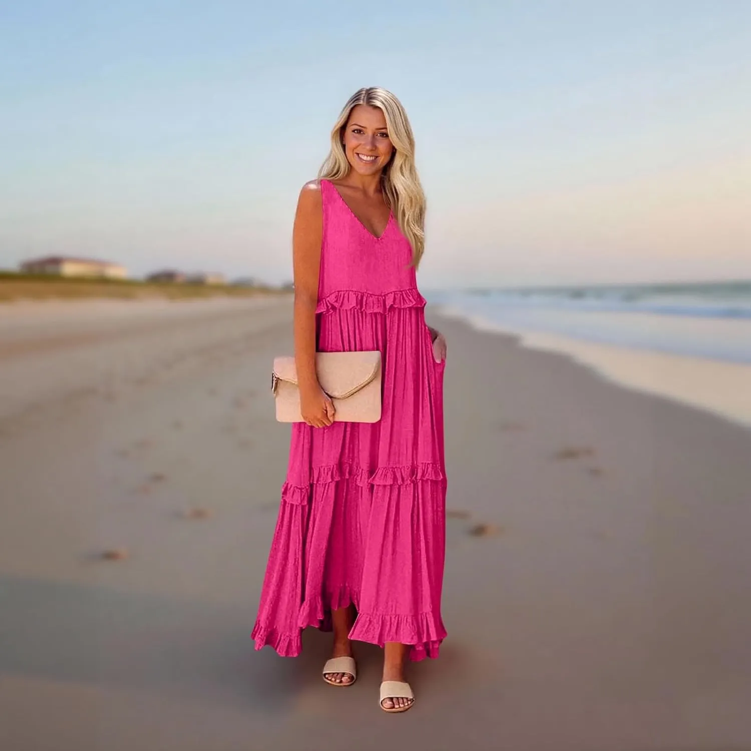 Maxi Dresses for Women 2025 Summer Ruffle V Neck Sundress Tiered Tea Party Dress Sleeveless Long Flowy Dress
