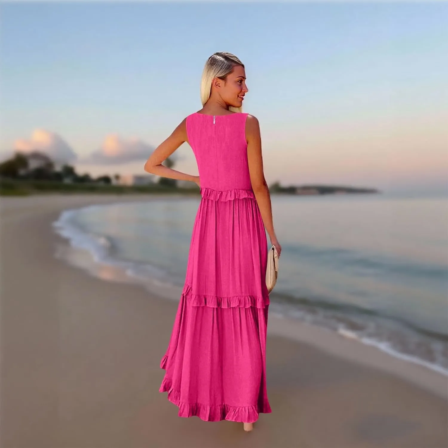 Maxi Dresses for Women 2025 Summer Ruffle V Neck Sundress Tiered Tea Party Dress Sleeveless Long Flowy Dress