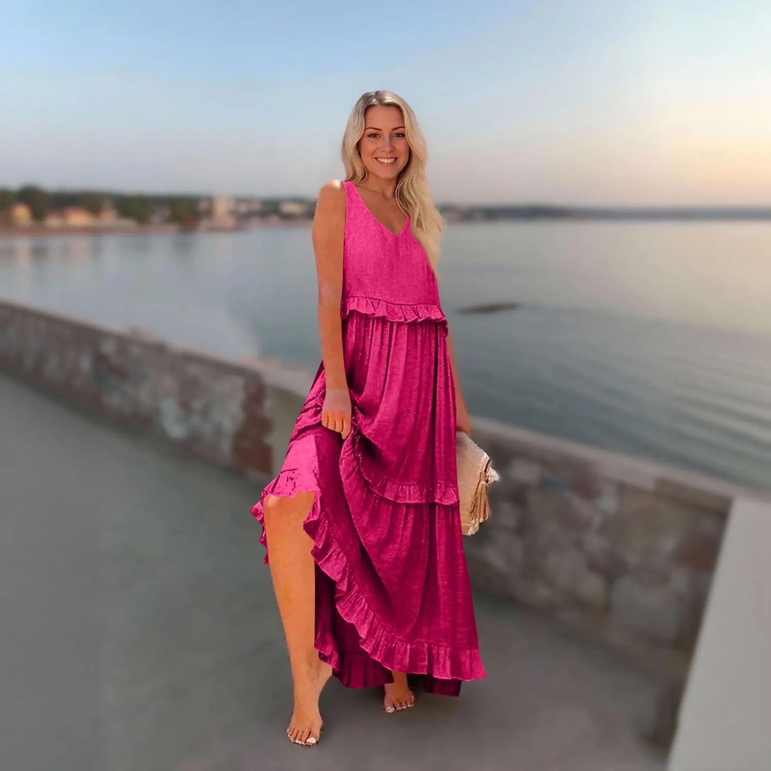 Maxi Dresses for Women 2025 Summer Ruffle V Neck Sundress Tiered Tea Party Dress Sleeveless Long Flowy Dress