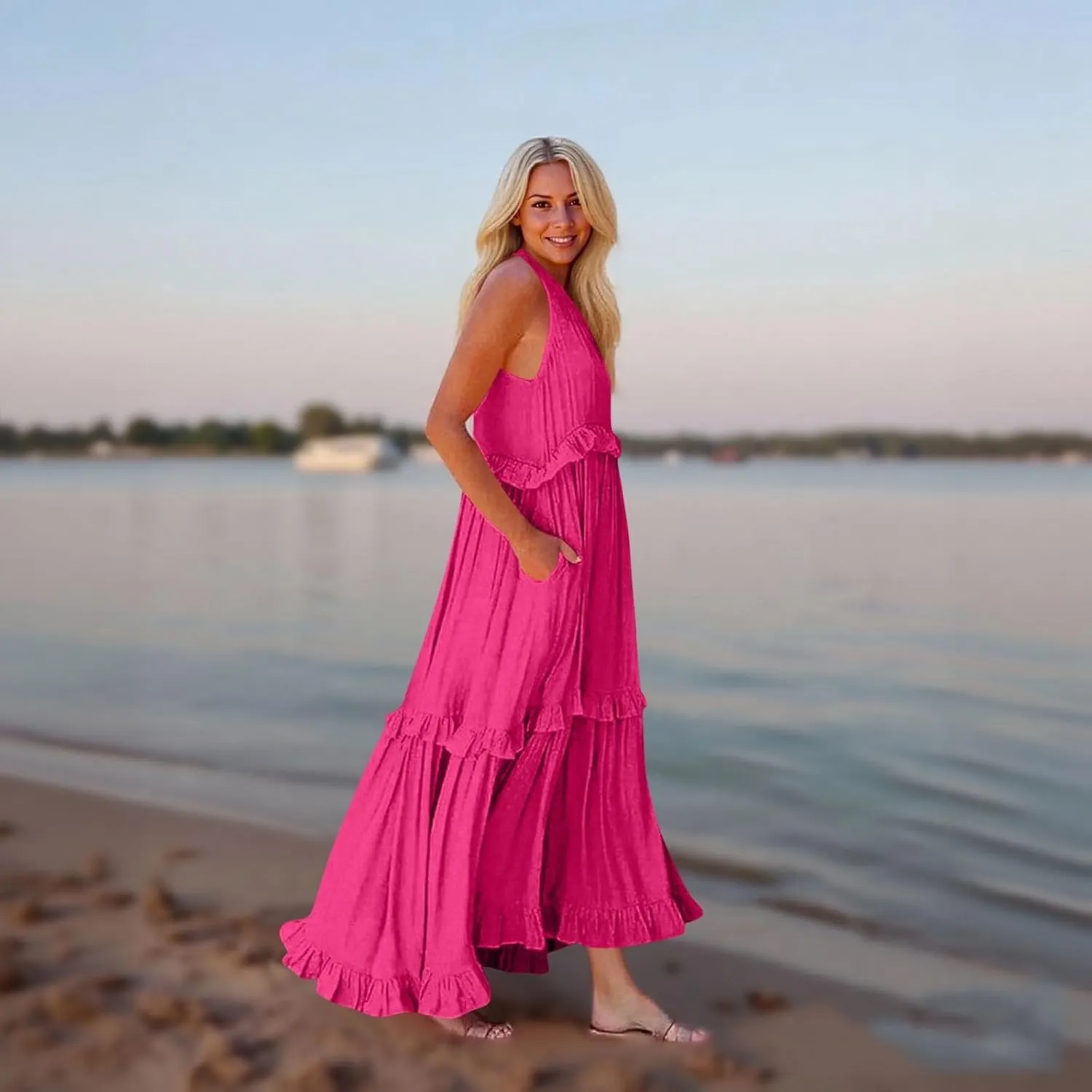 Maxi Dresses for Women 2025 Summer Ruffle V Neck Sundress Tiered Tea Party Dress Sleeveless Long Flowy Dress