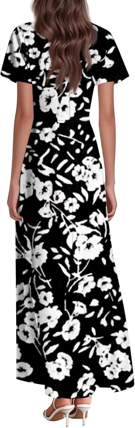 Maxi Dresses for Women,2025 Summer Trendy Floral Boho Dress,Casual V Neck Short Sleeve Chiffon Flowy Beach Dress