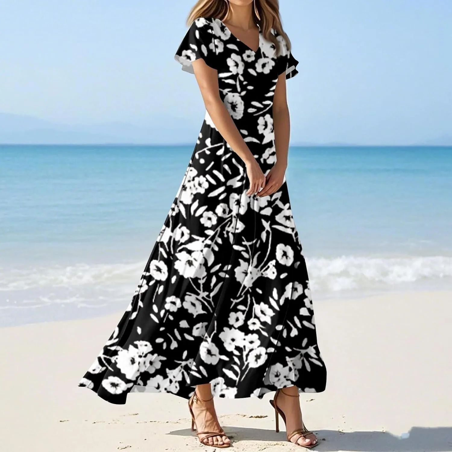 Maxi Dresses for Women,2025 Summer Trendy Floral Boho Dress,Casual V Neck Short Sleeve Chiffon Flowy Beach Dress