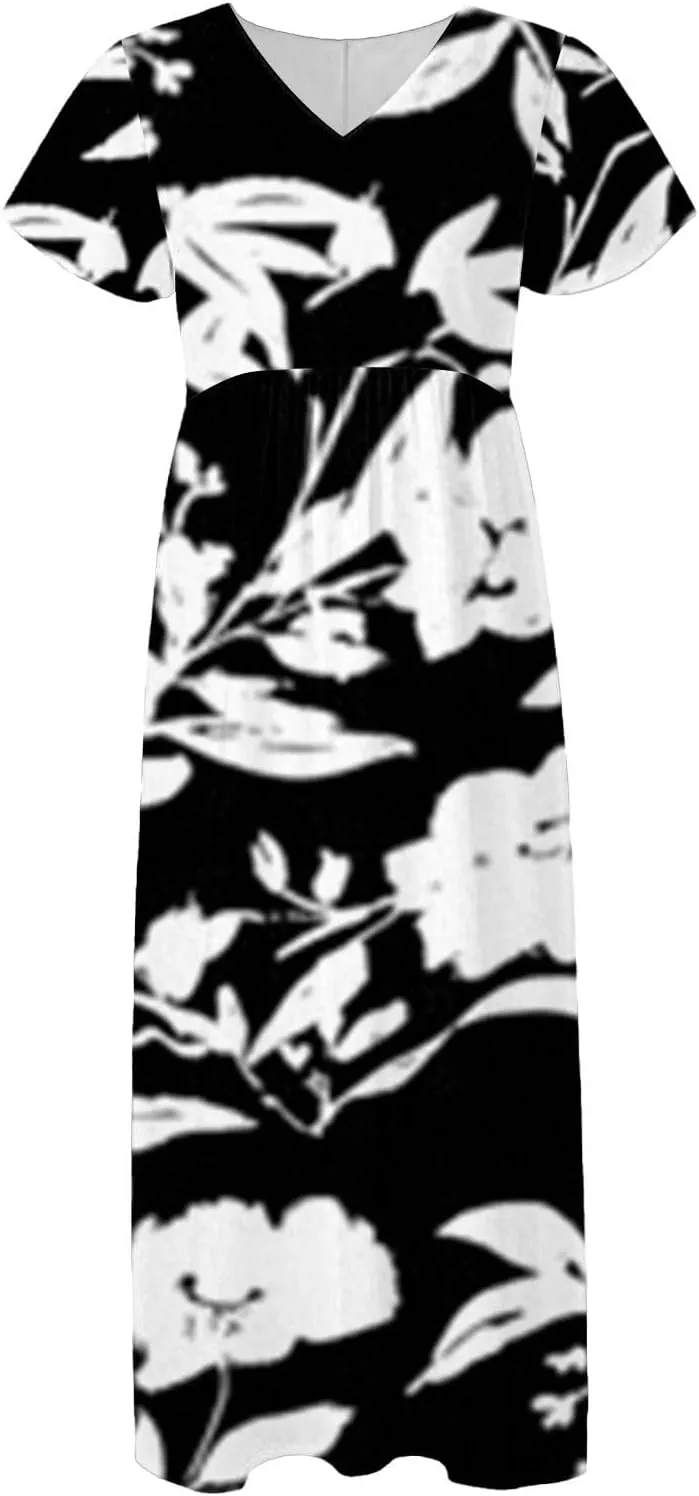 Maxi Dresses for Women,2025 Summer Trendy Floral Boho Dress,Casual V Neck Short Sleeve Chiffon Flowy Beach Dress