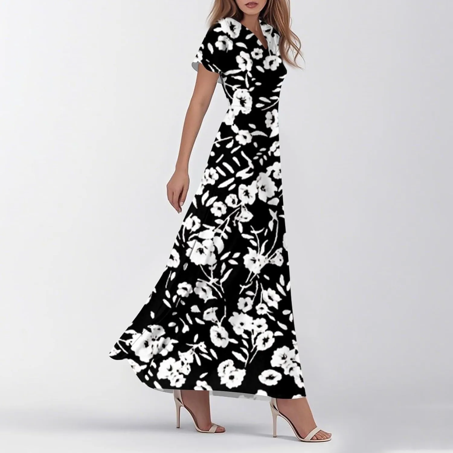 Maxi Dresses for Women,2025 Summer Trendy Floral Boho Dress,Casual V Neck Short Sleeve Chiffon Flowy Beach Dress