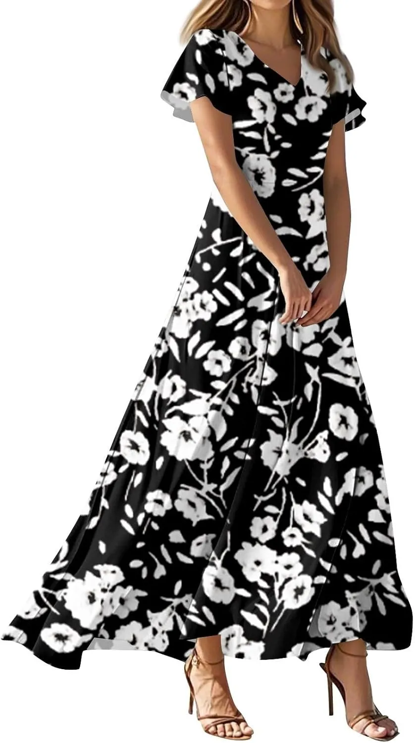 Maxi Dresses for Women,2025 Summer Trendy Floral Boho Dress,Casual V Neck Short Sleeve Chiffon Flowy Beach Dress