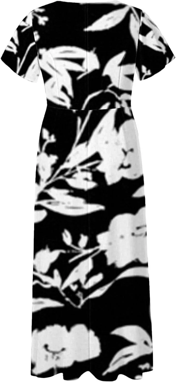 Maxi Dresses for Women,2025 Summer Trendy Floral Boho Dress,Casual V Neck Short Sleeve Chiffon Flowy Beach Dress