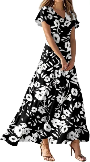 Maxi Dresses for Women,2025 Summer Trendy Floral Boho Dress,Casual V Neck Short Sleeve Chiffon Flowy Beach Dress