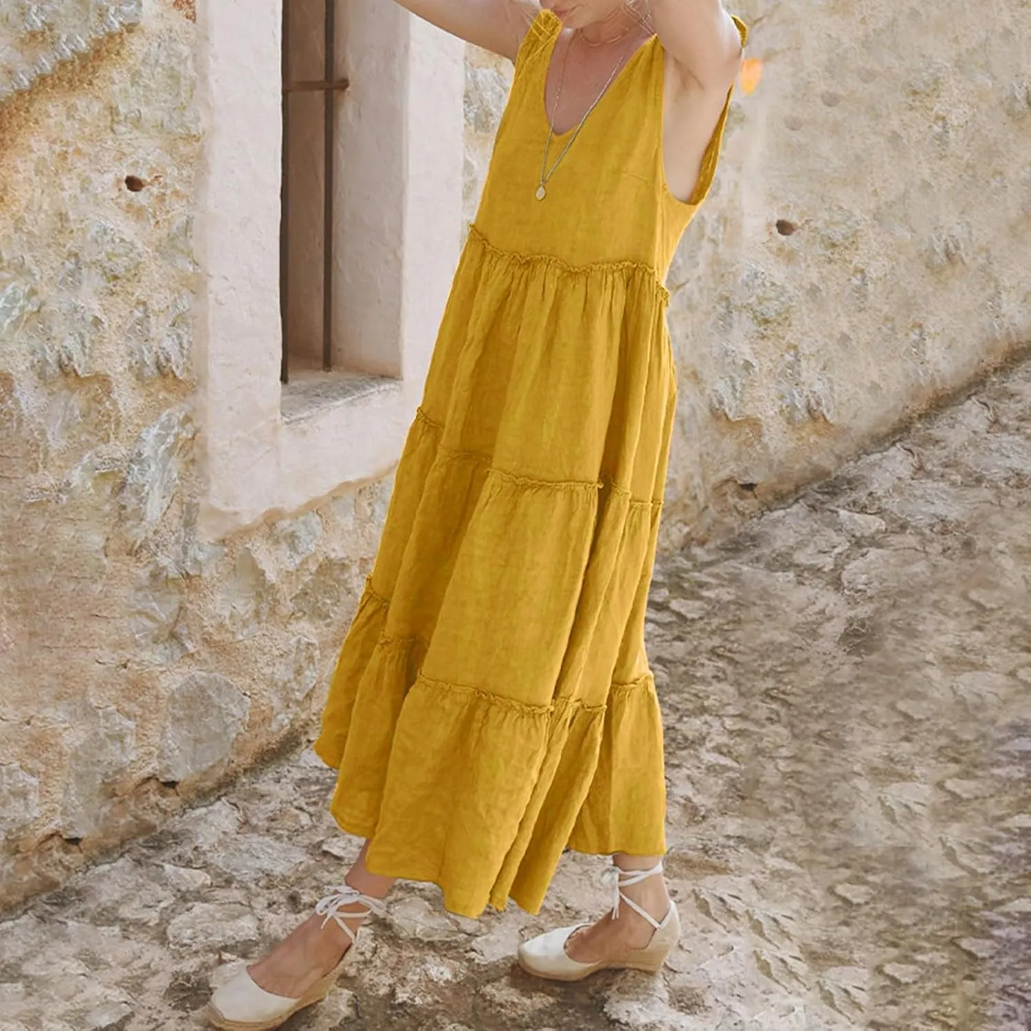 Maxi Linen Tiered Dresses for Women Plus Size V Neck Tie Shoulder Ruffle Flowy Swing Sundress Sleeveless Sundress