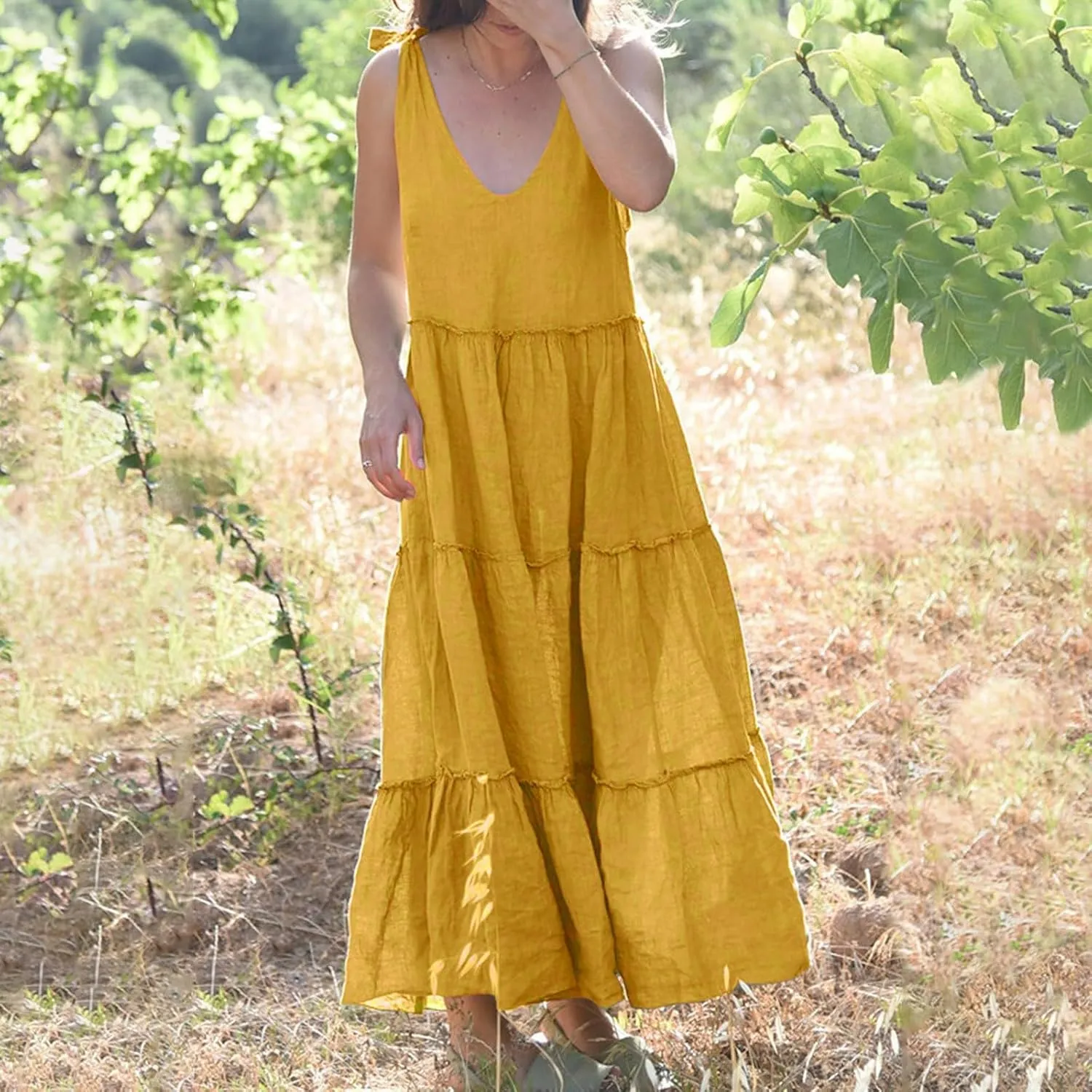 Maxi Linen Tiered Dresses for Women Plus Size V Neck Tie Shoulder Ruffle Flowy Swing Sundress Sleeveless Sundress