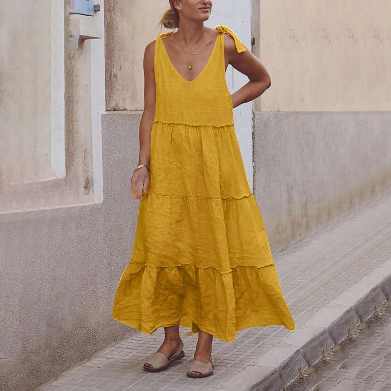 Maxi Linen Tiered Dresses for Women Plus Size V Neck Tie Shoulder Ruffle Flowy Swing Sundress Sleeveless Sundress