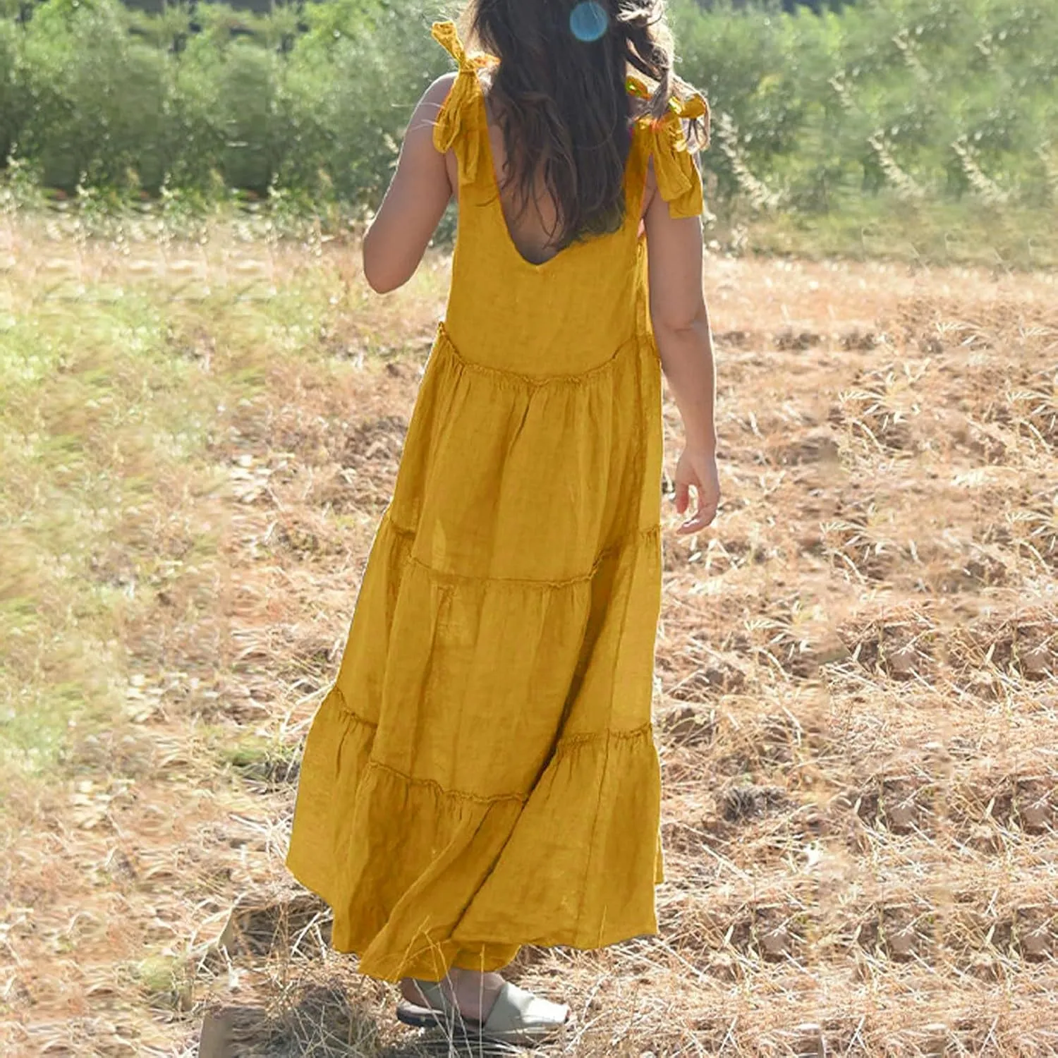 Maxi Linen Tiered Dresses for Women Plus Size V Neck Tie Shoulder Ruffle Flowy Swing Sundress Sleeveless Sundress