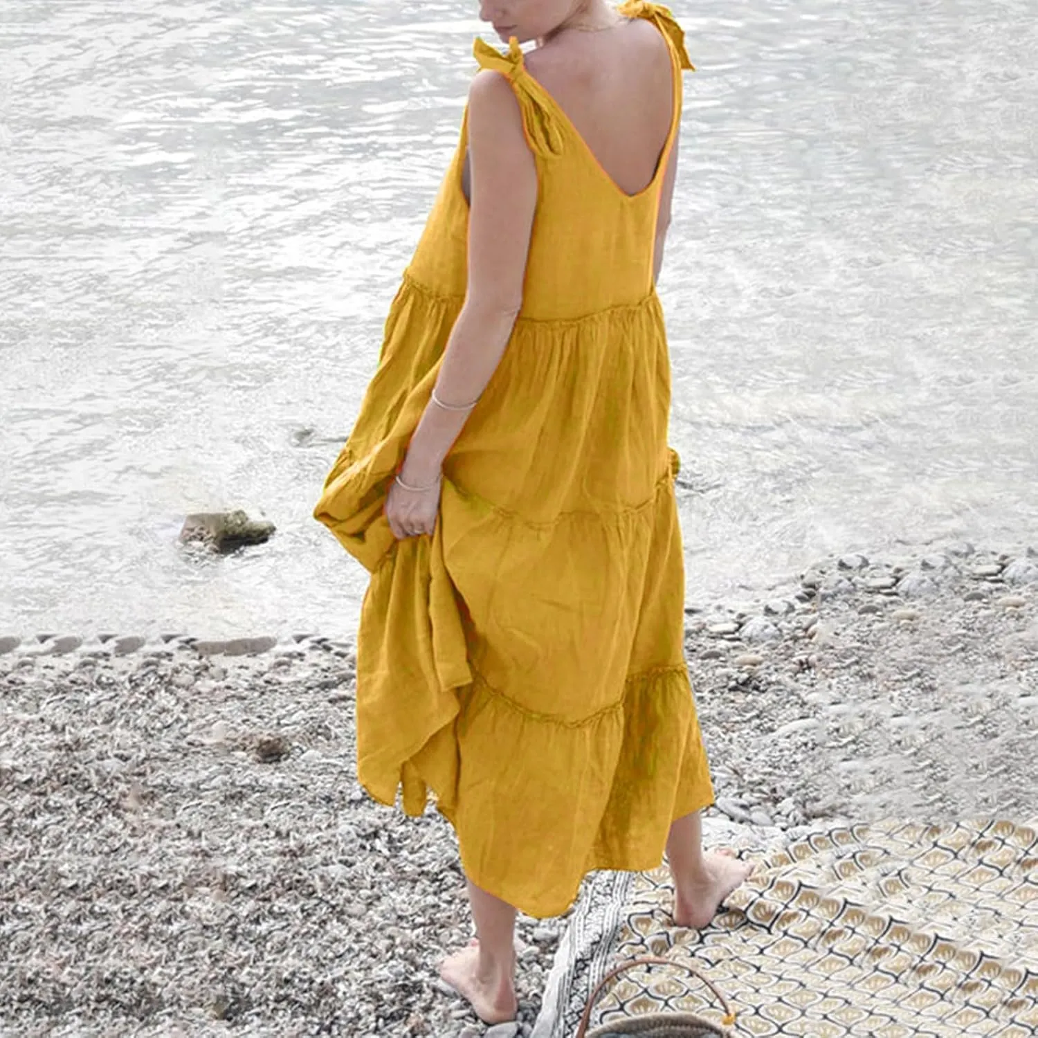 Maxi Linen Tiered Dresses for Women Plus Size V Neck Tie Shoulder Ruffle Flowy Swing Sundress Sleeveless Sundress
