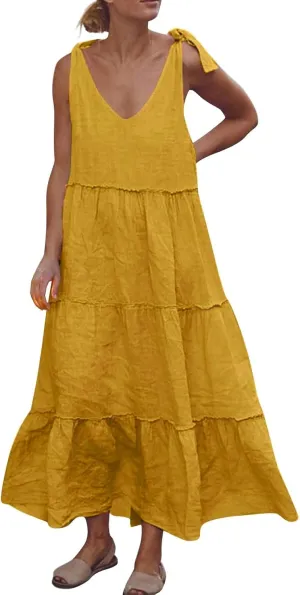 Maxi Linen Tiered Dresses for Women Plus Size V Neck Tie Shoulder Ruffle Flowy Swing Sundress Sleeveless Sundress