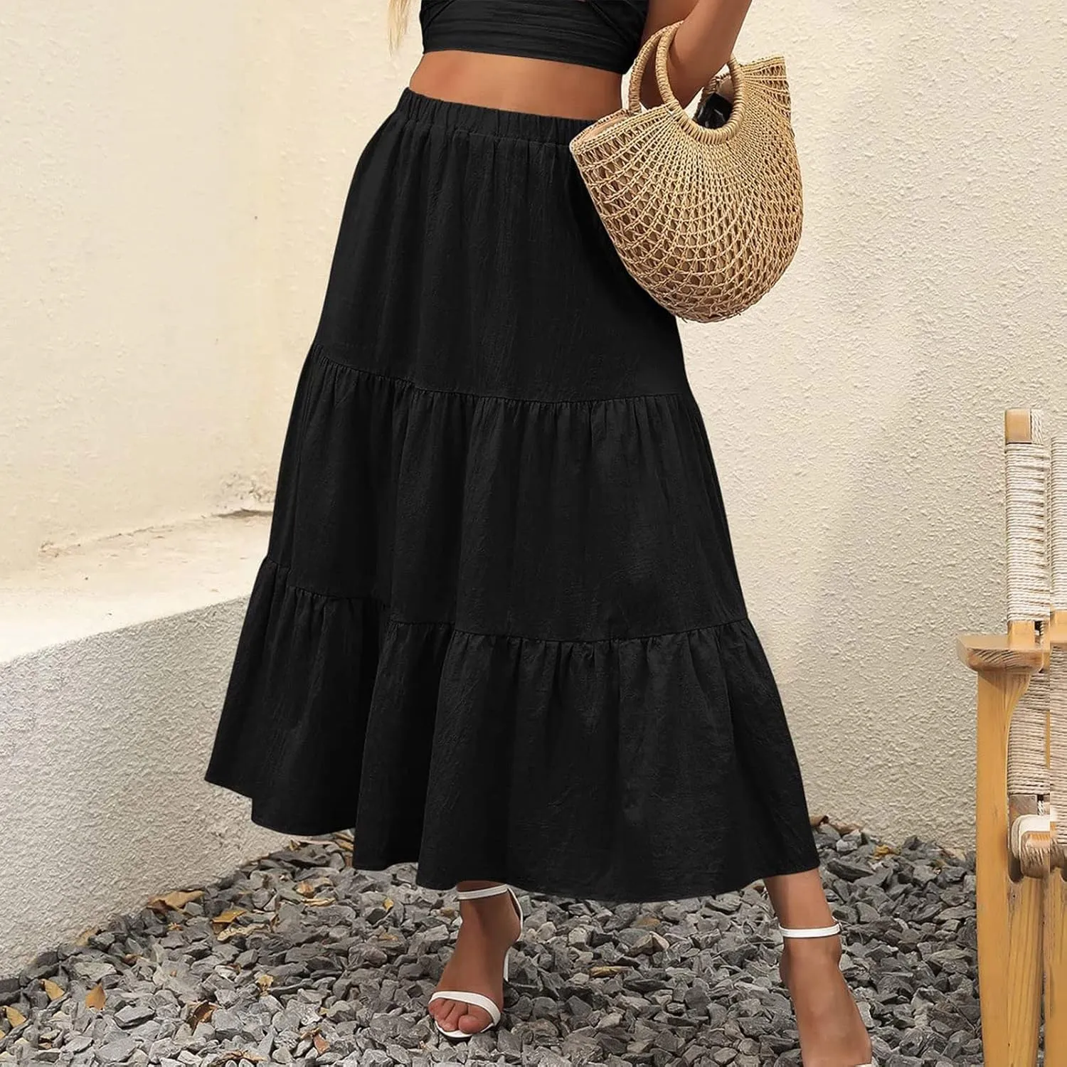Maxi Skirts for Women Pleated Long Midi Skirt with Pockets Casual Summer High Waisted Flowy Trendy Boho A Line Skirts