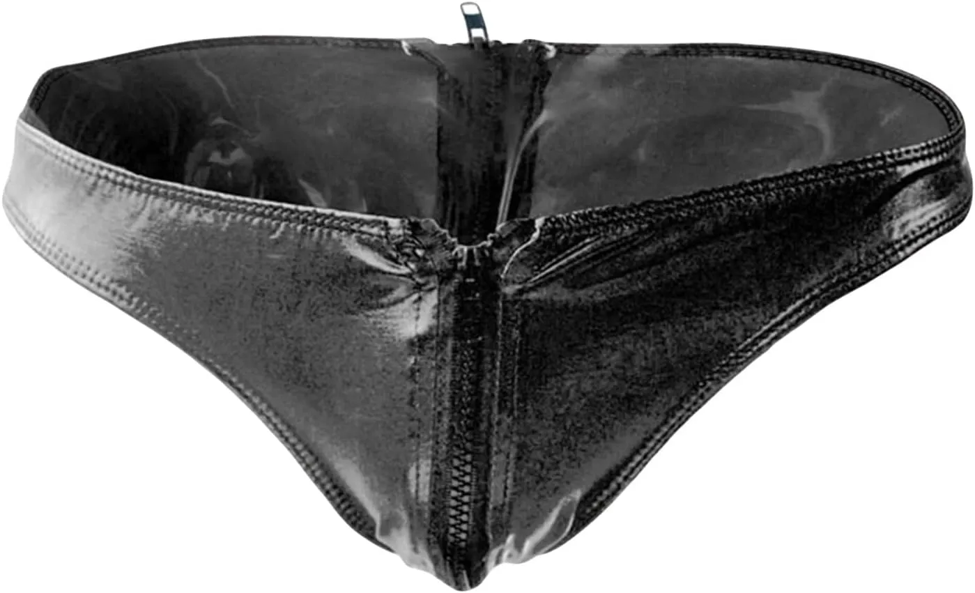 Men Low Waist Double Zipper Brief Underwear Patent Leather Bulge Pouch Underwear Shiny Metallic U Convex Bikini