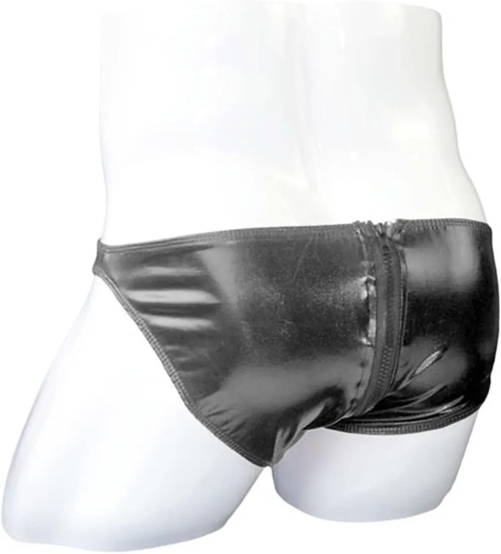 Men Low Waist Double Zipper Brief Underwear Patent Leather Bulge Pouch Underwear Shiny Metallic U Convex Bikini