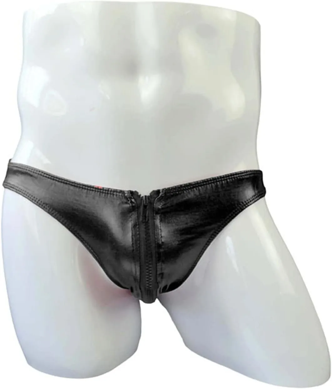 Men Low Waist Double Zipper Brief Underwear Patent Leather Bulge Pouch Underwear Shiny Metallic U Convex Bikini