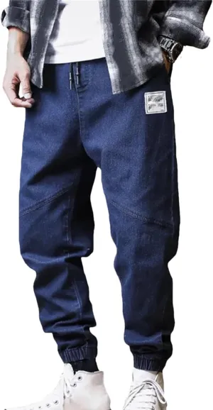 Men Plus Size Jeans Drawstring Elastic Waist Baggy Denim Pants Loose Joggers Streetwear Harem Jeans Cargo Pants