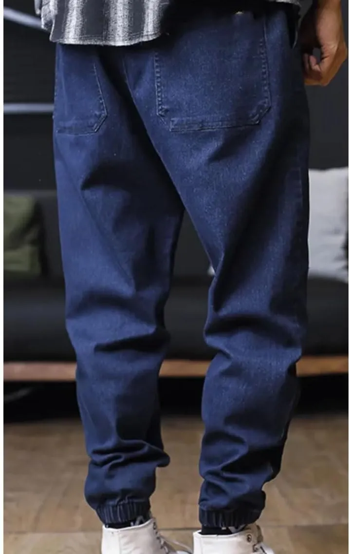 Men Plus Size Jeans Drawstring Elastic Waist Baggy Denim Pants Loose Joggers Streetwear Harem Jeans Cargo Pants