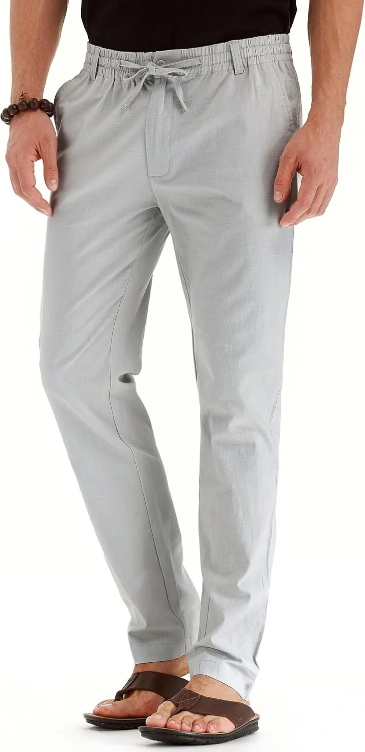 Mens Casual Linen Pants Loose Fit Elastic Drawstring Waist Summer Yoga Beach Trousers