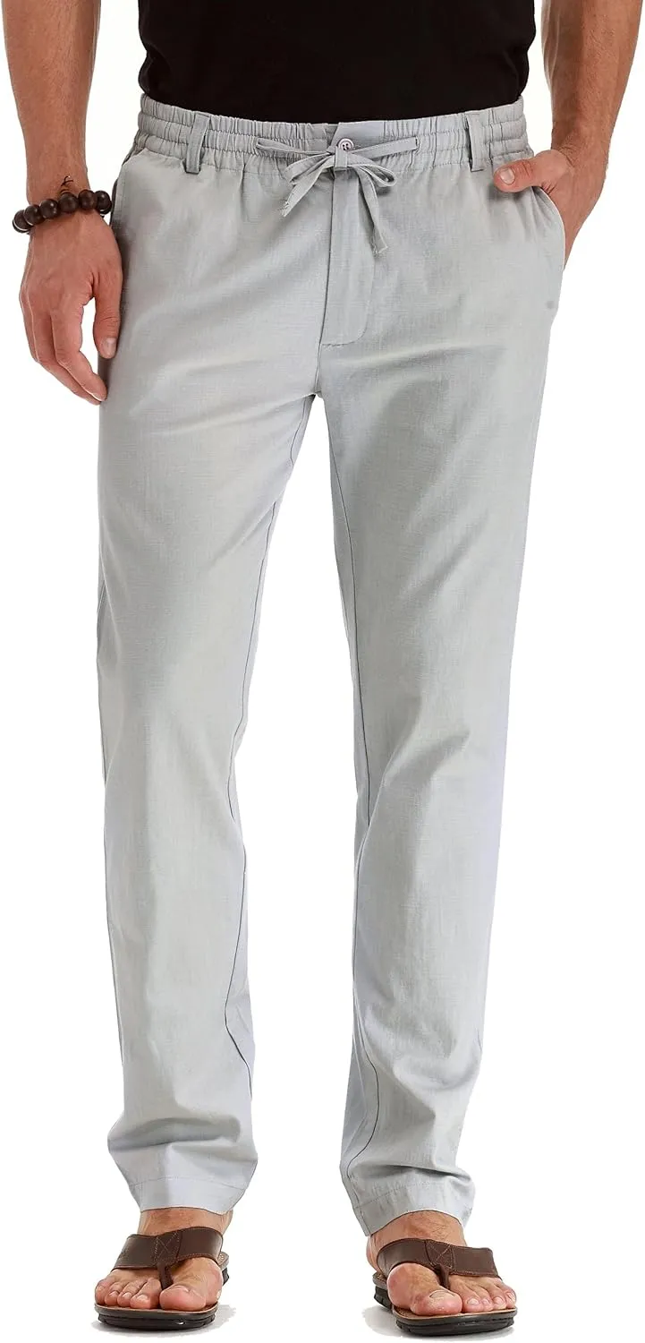 Mens Casual Linen Pants Loose Fit Elastic Drawstring Waist Summer Yoga Beach Trousers