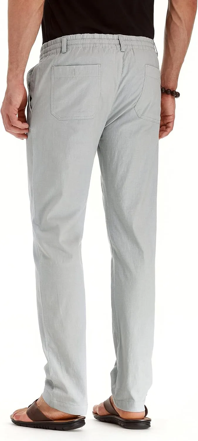 Mens Casual Linen Pants Loose Fit Elastic Drawstring Waist Summer Yoga Beach Trousers