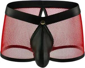 Men's Sexy Underwear Bulge Pouch See Through Mesh Underpants Low Rise Trunks Boxers Briefs Faux Leather Front