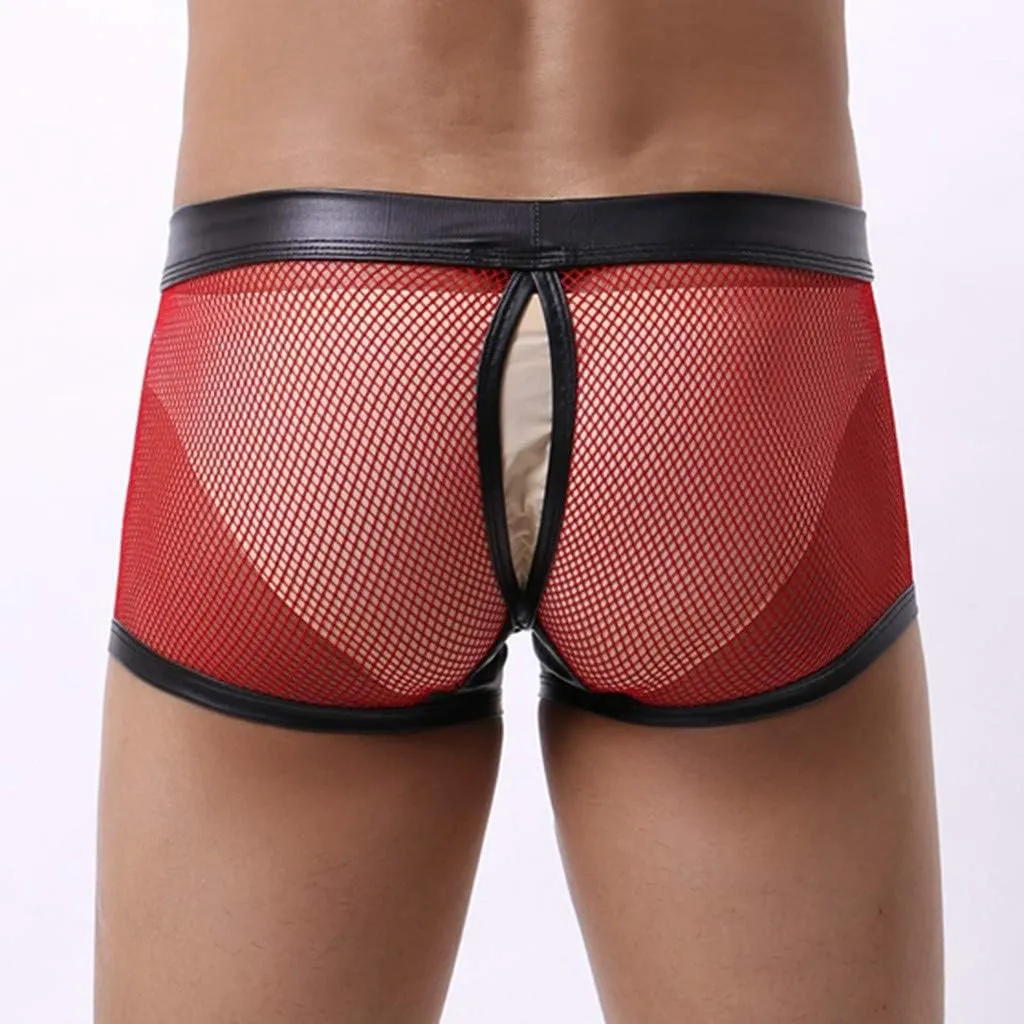 Men's Sexy Underwear Bulge Pouch See Through Mesh Underpants Low Rise Trunks Boxers Briefs Faux Leather Front