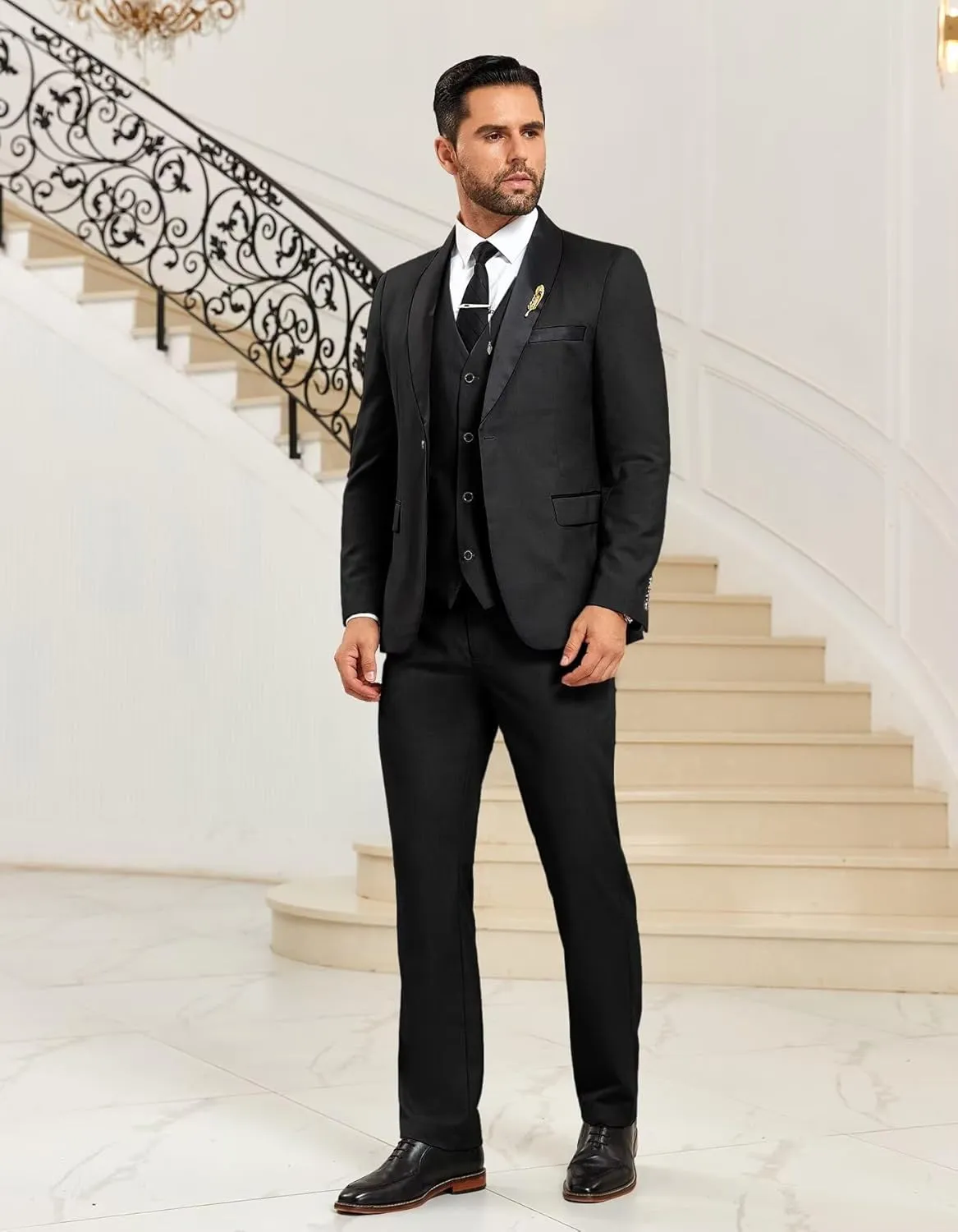 Mens Suit 3 Piece Formal Shawl Lapel Tuxedo for Men Wedding Suits One Button Jacket Vest Pants Set