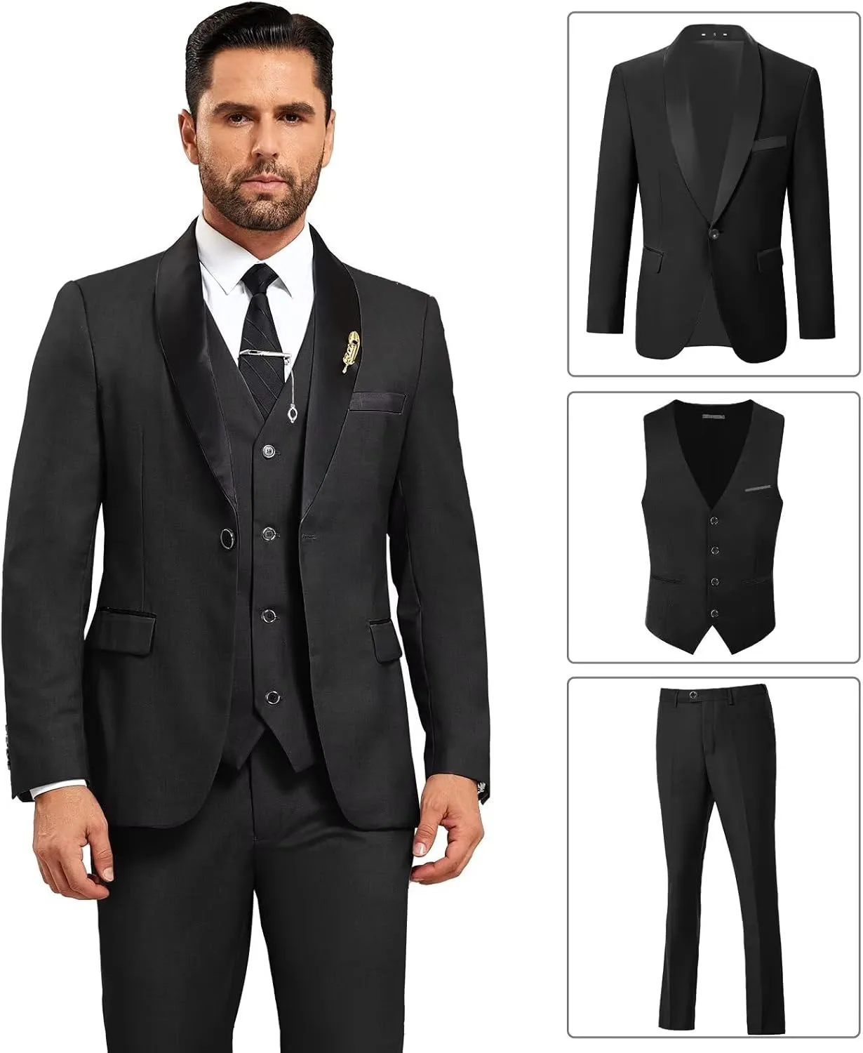 Mens Suit 3 Piece Formal Shawl Lapel Tuxedo for Men Wedding Suits One Button Jacket Vest Pants Set