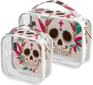 Mexican-skull-background 2 Pack Clear Toiletry Bag Women Men, Portable Waterproof Clear Pouch, Cosmetic Bag with Double Zippers Large Opening Traveling with Handle for Bathroom Traveling Vacation Orga
