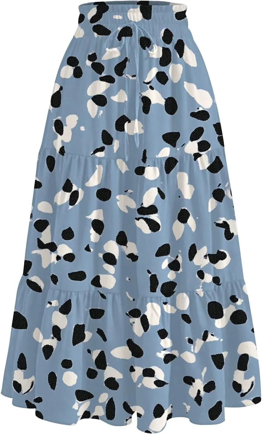Midi Skirts for Women Elastic High Waist A Line Skirt Summer Ruched Tiered Ruffle Boho Beach Skirts with Pocket