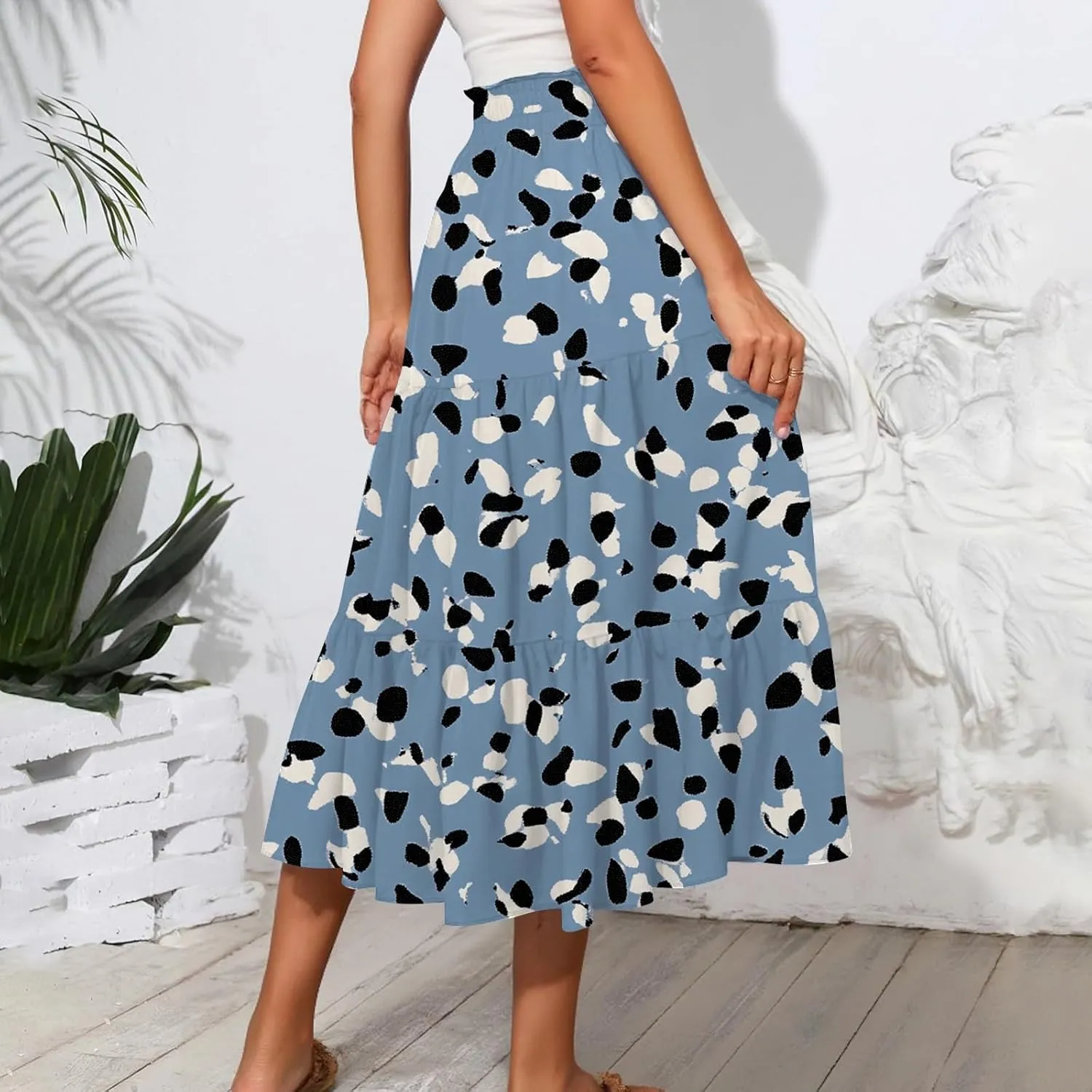 Midi Skirts for Women Elastic High Waist A Line Skirt Summer Ruched Tiered Ruffle Boho Beach Skirts with Pocket