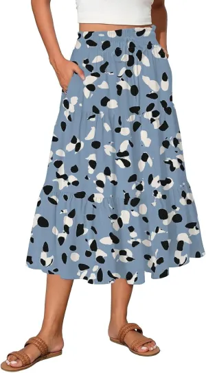 Midi Skirts for Women Elastic High Waist A Line Skirt Summer Ruched Tiered Ruffle Boho Beach Skirts with Pocket