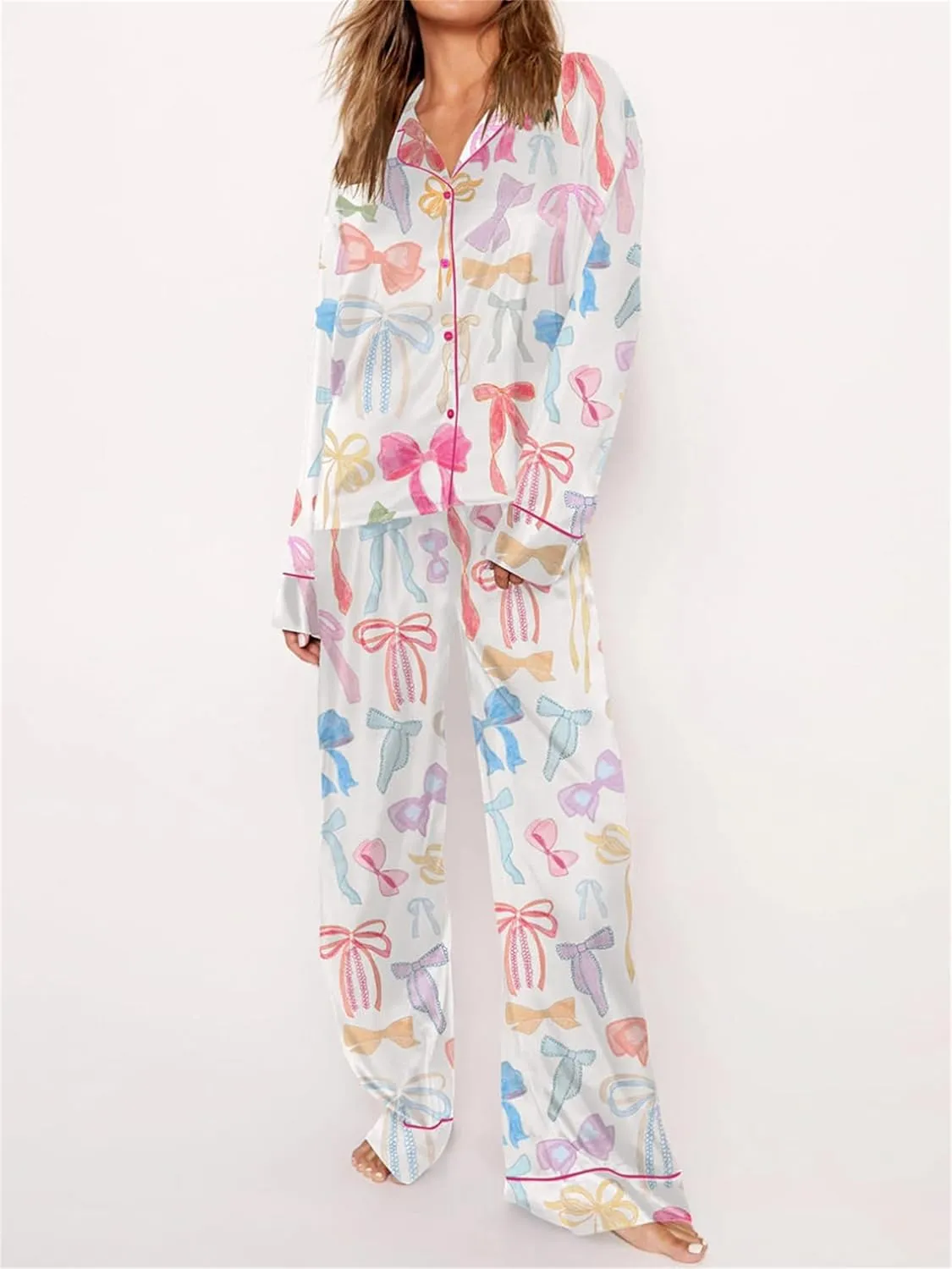 Miqil Women Y2k Fairycore 2 Piece Loungewear Cute Bow Print Long Sleeve Button Down Shirt High Rise Loose Pants Homewear Pjs