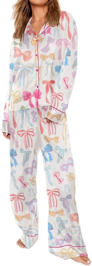 Miqil Women Y2k Fairycore 2 Piece Loungewear Cute Bow Print Long Sleeve Button Down Shirt High Rise Loose Pants Homewear Pjs