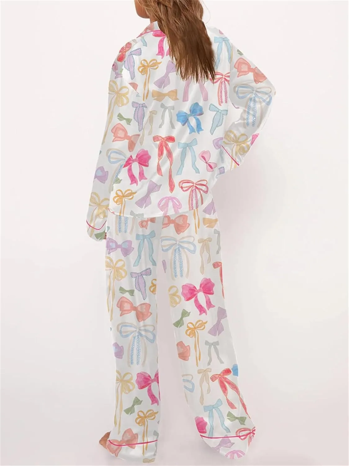 Miqil Women Y2k Fairycore 2 Piece Loungewear Cute Bow Print Long Sleeve Button Down Shirt High Rise Loose Pants Homewear Pjs