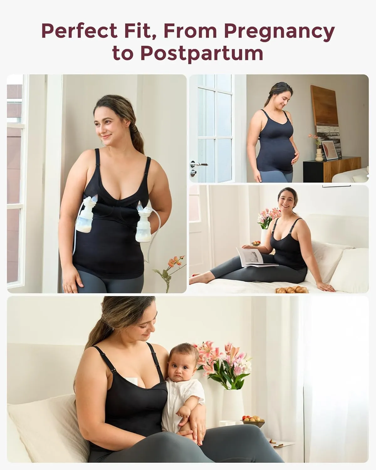 Momcozy Hands Free Pumping Tank Top, All-in-One Pumping & Nursing Tank Tops with Built-in Bra, Fixed Padding Maternity Cami