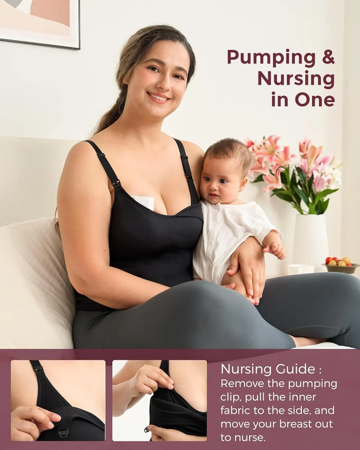 Momcozy Hands Free Pumping Tank Top, All-in-One Pumping & Nursing Tank Tops with Built-in Bra, Fixed Padding Maternity Cami