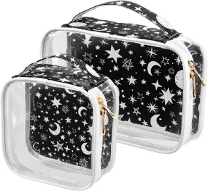 Moons-stars-black-white 2 Pack Clear Toiletry Bag Women Men, Portable Waterproof Clear Pouch, Cosmetic Bag with Double Zippers Large Opening Traveling with Handle for Bathroom Traveling Vacation Organ