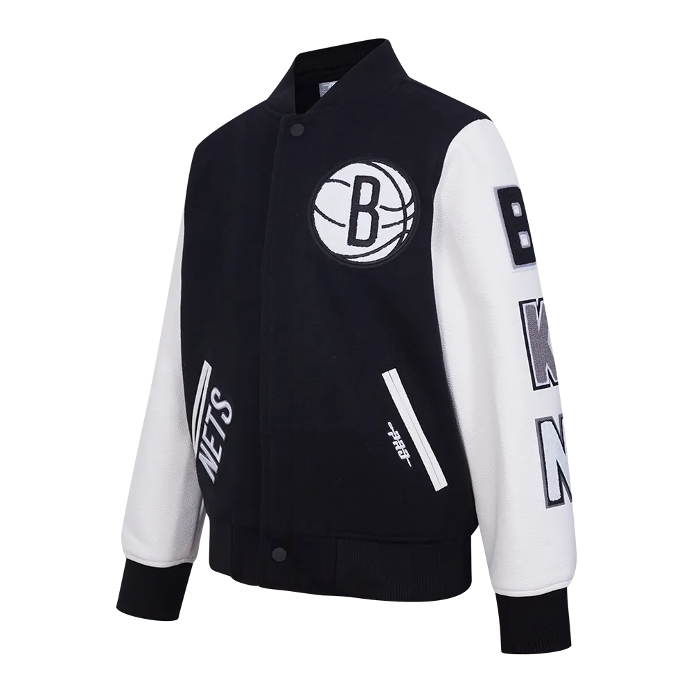 NBA BROOKLYN NETS CLASSIC BIG BOYS WOOL VARSITY JACKET (BLACK/WHITE)