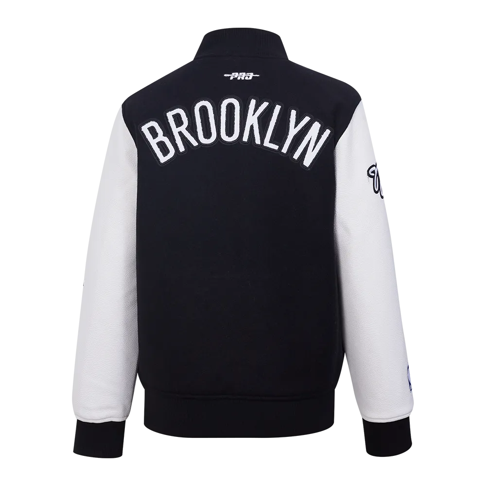 NBA BROOKLYN NETS CLASSIC BIG BOYS WOOL VARSITY JACKET (BLACK/WHITE)