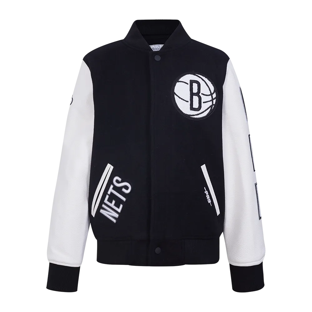 NBA BROOKLYN NETS CLASSIC BIG BOYS WOOL VARSITY JACKET (BLACK/WHITE)