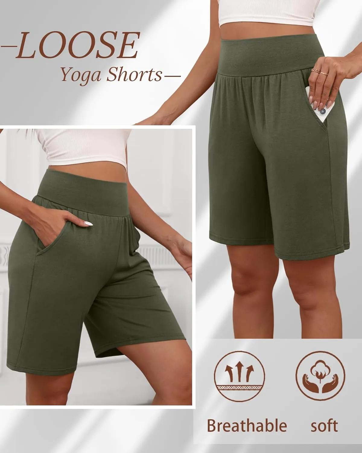 Neer 3 Pack Women's Bermuda Shorts, High Waist Cotton Stretch Casual Bottoms Knee Length Summer Athletic Short with Pockets