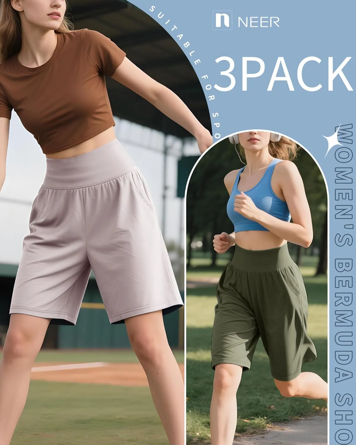 Neer 3 Pack Women's Bermuda Shorts, High Waist Cotton Stretch Casual Bottoms Knee Length Summer Athletic Short with Pockets