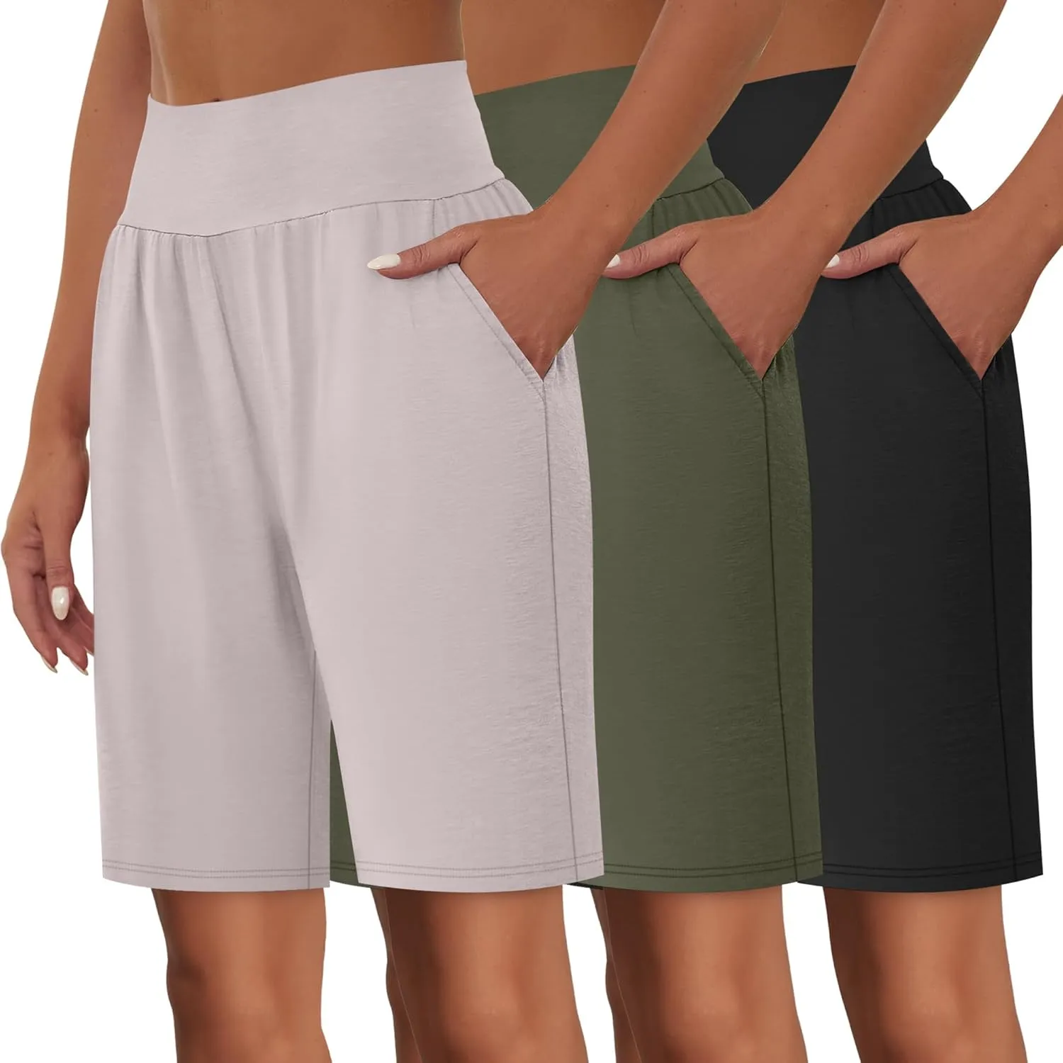Neer 3 Pack Women's Bermuda Shorts, High Waist Cotton Stretch Casual Bottoms Knee Length Summer Athletic Short with Pockets