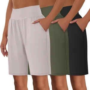 Neer 3 Pack Women's Bermuda Shorts, High Waist Cotton Stretch Casual Bottoms Knee Length Summer Athletic Short with Pockets