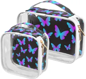 Neon-butterflies-black-background 2 Pack Clear Toiletry Bag Women Men, Portable Waterproof Clear Pouch, Cosmetic Bag with Double Zippers Large Opening Traveling with Handle for Bathroom Traveling Vaca